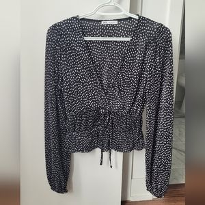 Zara Cinched Waist V-Neck Polka-Dot Blouse